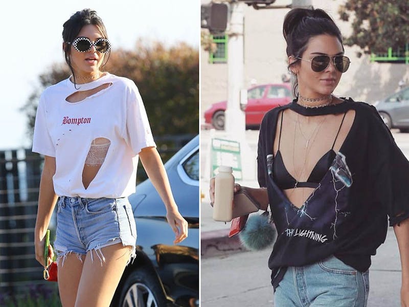 辣妹 穿搭 內衣外露 破損T恤 Kendall Jenner Body Chain