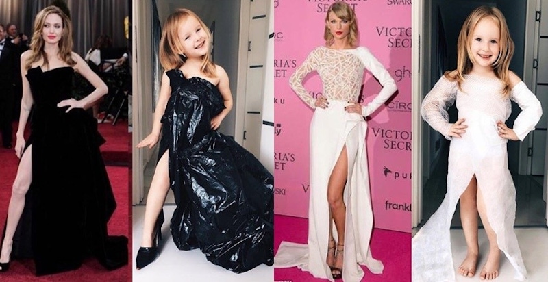 4歲小女孩模仿紅毯女星超逼真！近看衣服竟然是鋁箔紙、報紙、垃圾袋？