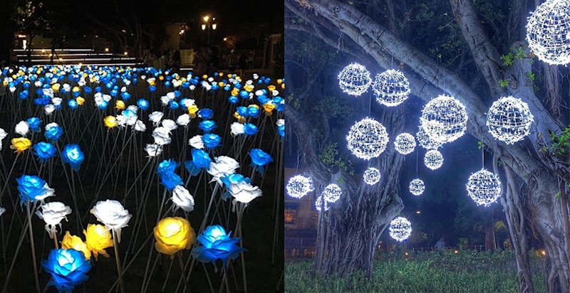 晚上找男友去逛淡水吧～七彩光球＆玫瑰燈海點亮夏日夜空，也太美了